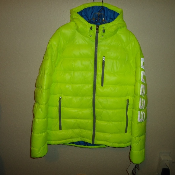 Guess Logo Puffer Hooded Jacket 111AN210 Neon Yellow Men's Size X-Large - Picture 2 of 15